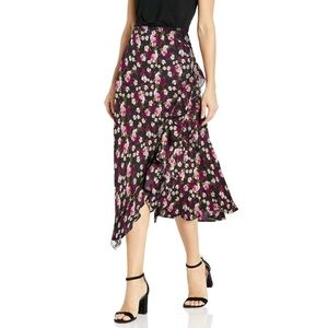 CALVIN KLEIN Floral Ruffle Midi Skirt Black Pink Asymmetric Hem Faux Wrap Size 4